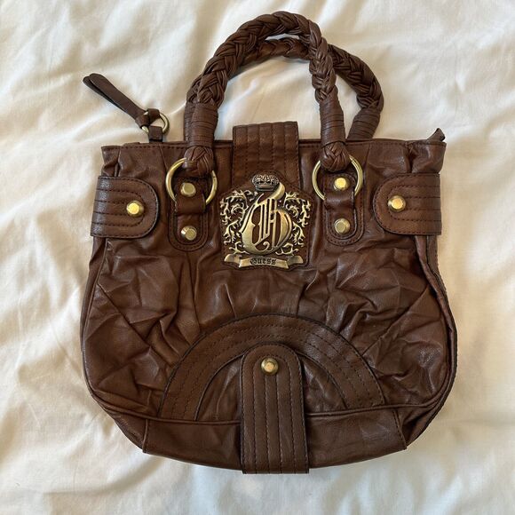 Vintage Y2K Guess Brown Leather Hand Bag Crown Logo With Shoulder Strap - Picture 1 of 10